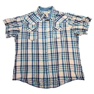 Roper Men's Western Pearl Snap Shirt Blue White Plaid 2XL Cotton Short Sleeve